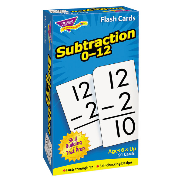 A white box of Trend subtraction flash cards with numbers on it.