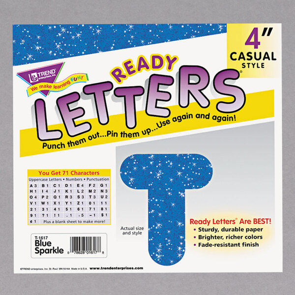 A box of blue sparkle uppercase letters and numbers with a blue background.