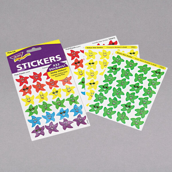 A variety pack of Trend Stinky Stickers with colorful star designs.