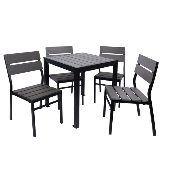 A BFM Seating black metal bolt-down table with a gray synthetic teak top.