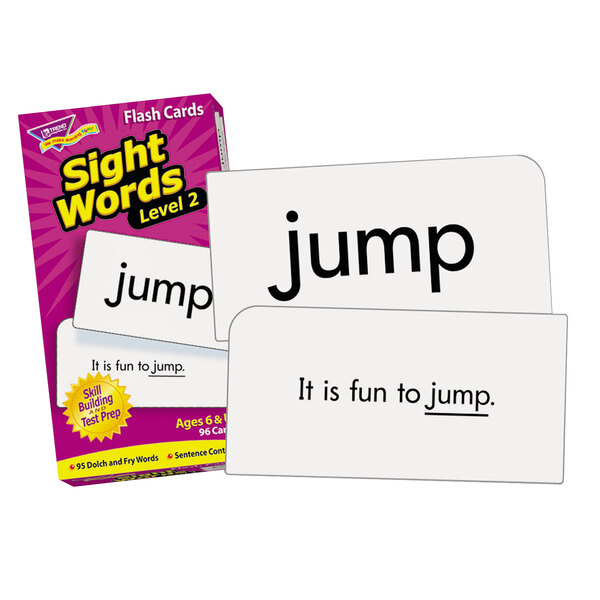 A purple box of Trend sight words flash cards with white cards and black text.