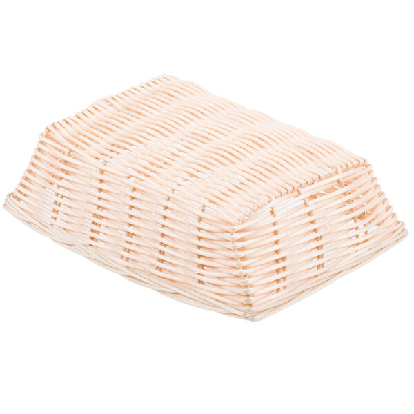 A beige rectangular woven rattan bread basket.