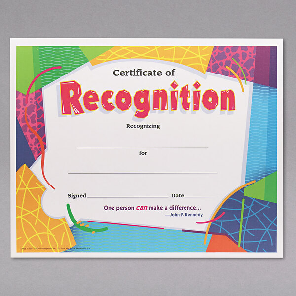 A pack of 30 Trend recognition certificates with colorful designs.