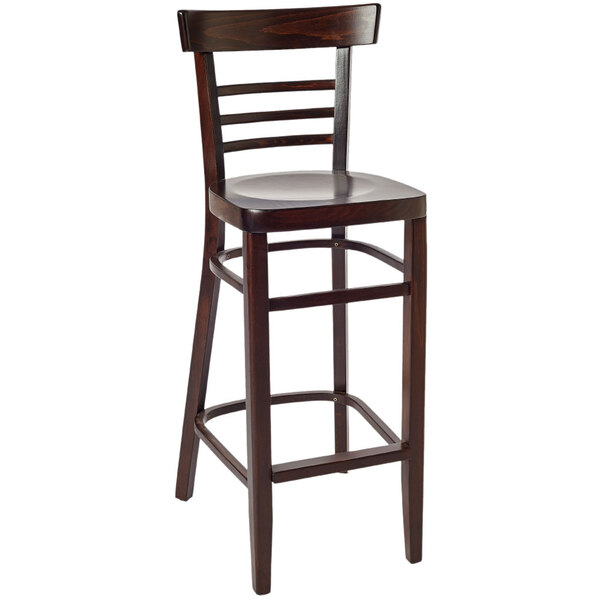 A BFM Seating wooden bar height chair with a black seat.