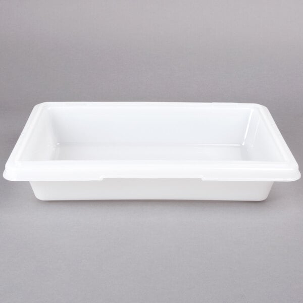 A white Rubbermaid polyethylene food storage box with a lid.