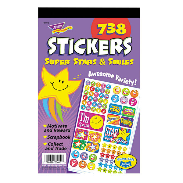 A pack of Trend stickers with stars and smiley faces in different colors and shapes. Includes purple and yellow stickers.