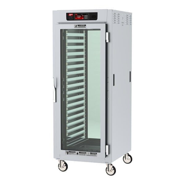 A white cabinet with full clear glass doors.
