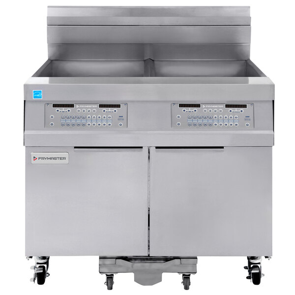 A Frymaster gas floor fryer with two drawers and two doors.