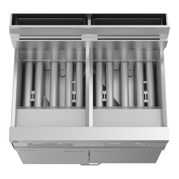 A commercial double-unit floor fryer with oil-conserving and filtration system features, designed for liquid propane use.