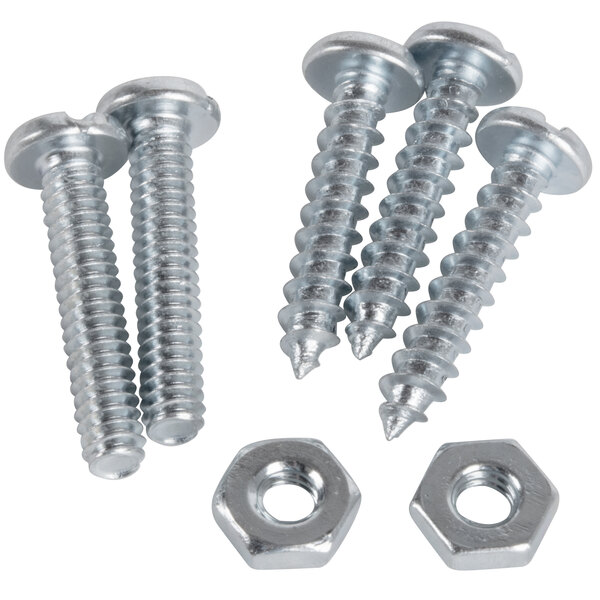 A group of screws and nuts on a white background.