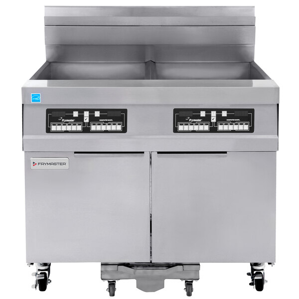 A large stainless steel commercial Frymaster gas floor fryer with two drawers and two doors.