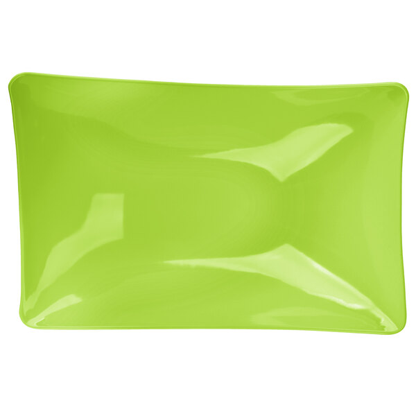 A white background with a green and black curved rectangular bowl.