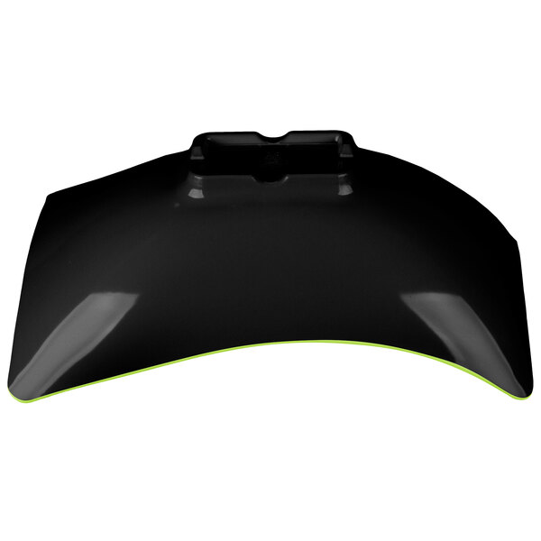 A black melamine bowl with green trim.