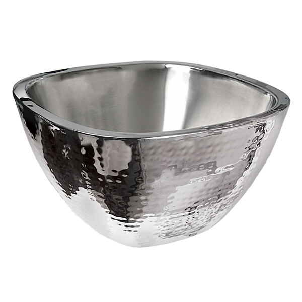 A silver stainless steel bowl with a hammered texture.