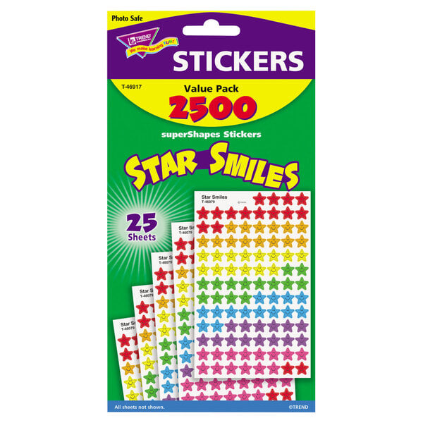 A box of Trend Smiling Star stickers in assorted colors with a green and yellow logo.