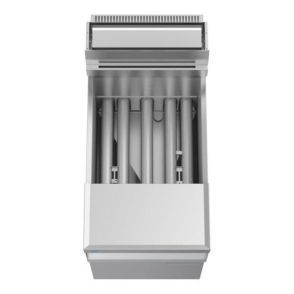 A commercial natural gas floor fryer with multiple heating tubes and a stainless steel exterior.