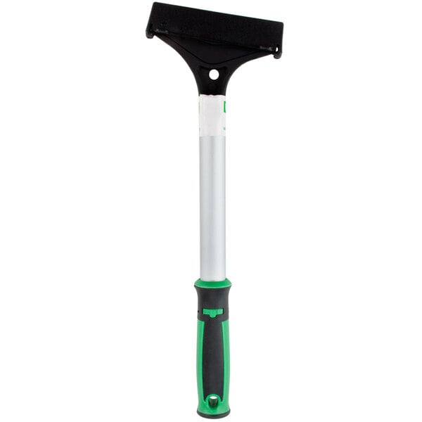 A white cylindrical window scraper with a green and black handle and a white cap.