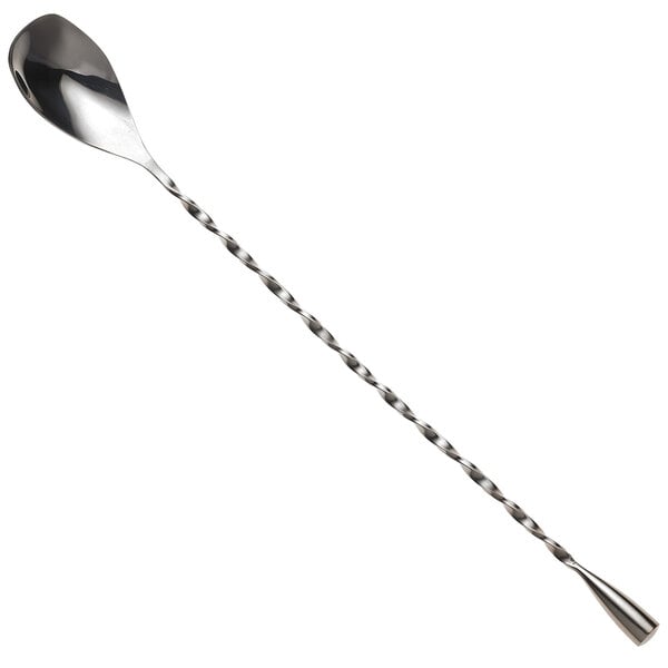 a silver spoon with a long twisted handle