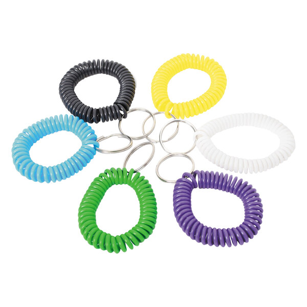 A group of spiral shaped key chains in assorted colors.