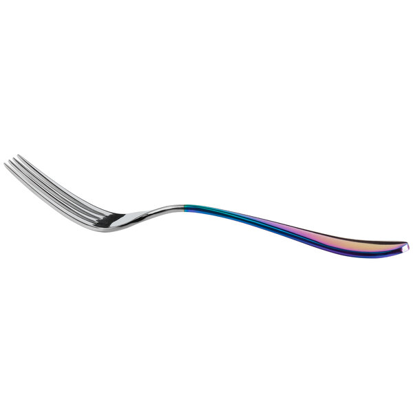 A close-up of a Reserve by Libbey stainless steel dinner fork with a rainbow colored handle.