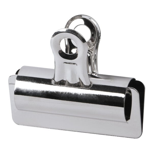 A close-up of a Universal nickel-plated steel bulldog clip.