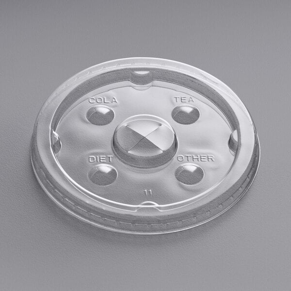 A clear plastic flat lid with a straw slot designed for a 32 oz. cold cup, labeled for different drink types.