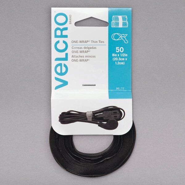 A package of black Velcro cable ties with white text on the box.