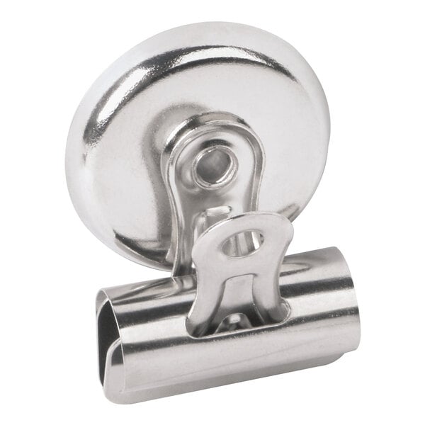 A nickel-plated metal Bulldog clip with a hole.