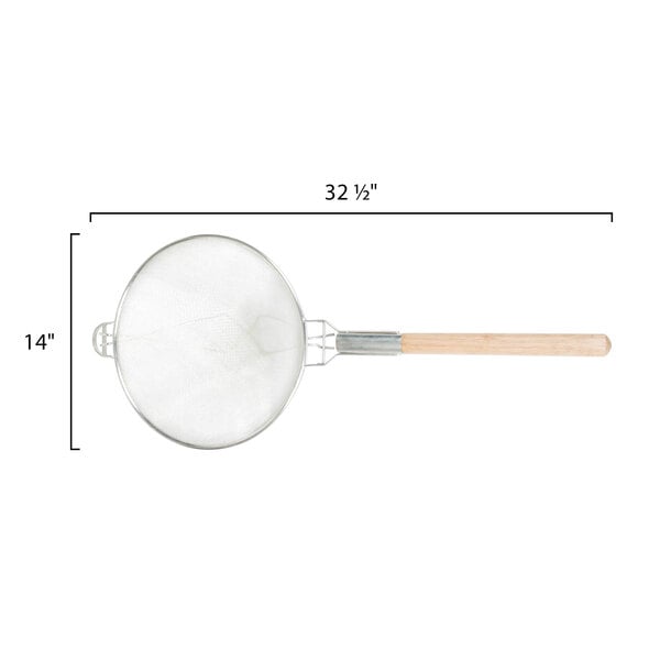 A Tablecraft reinforced heavy-duty tin strainer with a wooden handle.