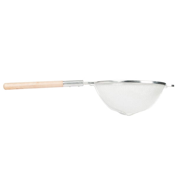 A Tablecraft reinforced tin strainer with a wooden handle.