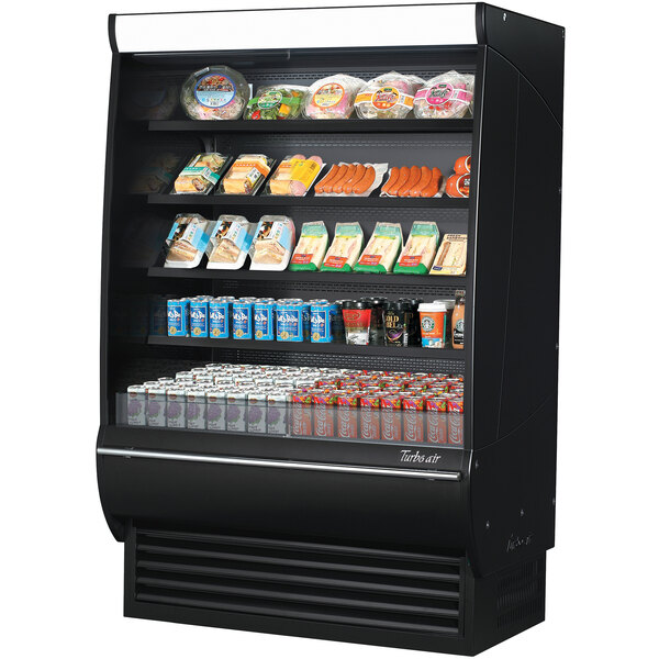 A Turbo Air black air curtain merchandiser with different types of food on shelves.