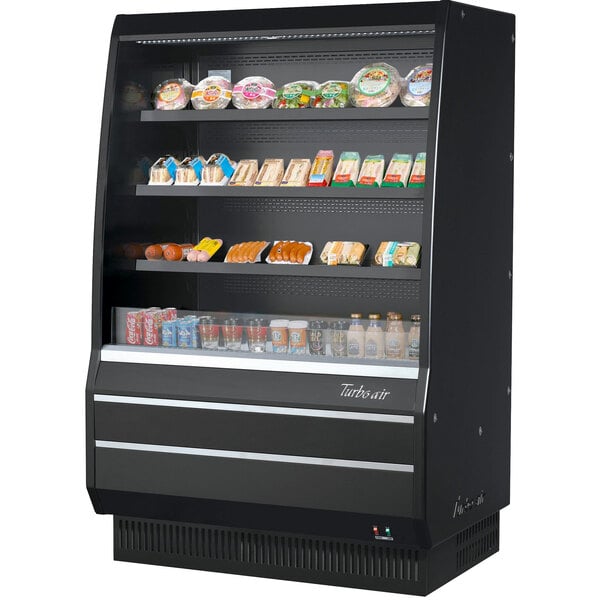 A black Turbo Air air curtain merchandiser with food on shelves.