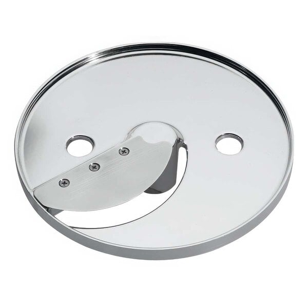 A stainless steel Waring slicing disc with circular holes.