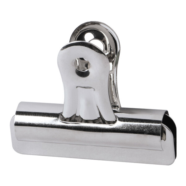 A close-up of a Universal nickel-plated Bulldog clip.