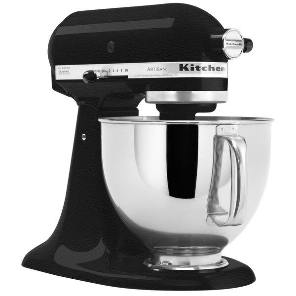 A close-up of a black and silver KitchenAid Artisan 5-quart stand mixer.