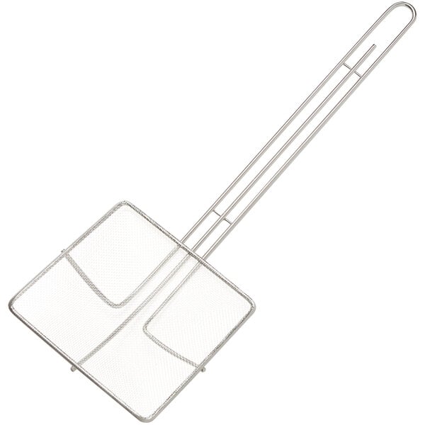 An American Metalcraft square fine mesh fry skimmer with a long metal handle.