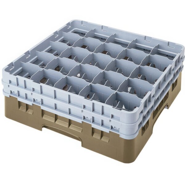 A beige plastic Cambro glass rack with 25 compartments.