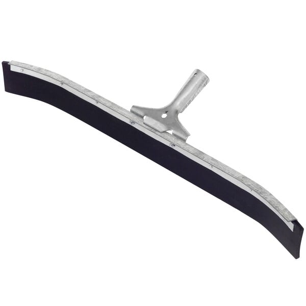 A black and silver Rubbermaid floor squeegee with a metal frame and handle.