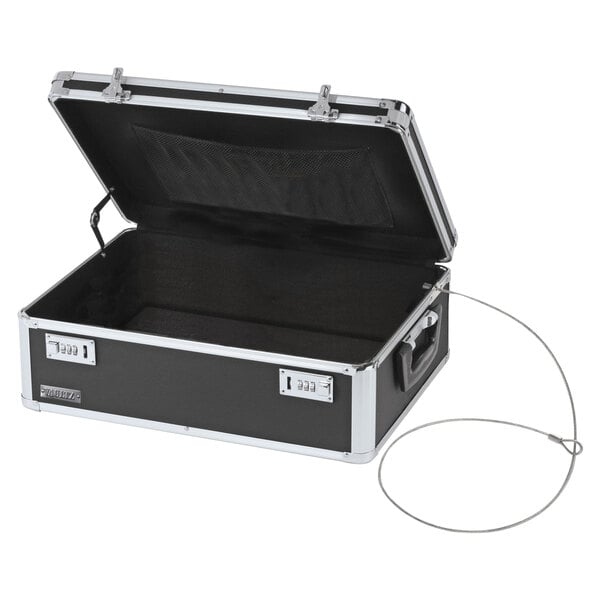 A black and silver Vaultz locking storage chest with a handle and a lock.