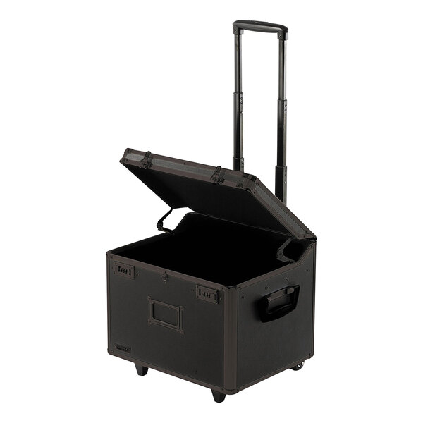 A black tactical locking mobile file chest with wheels and a handle.