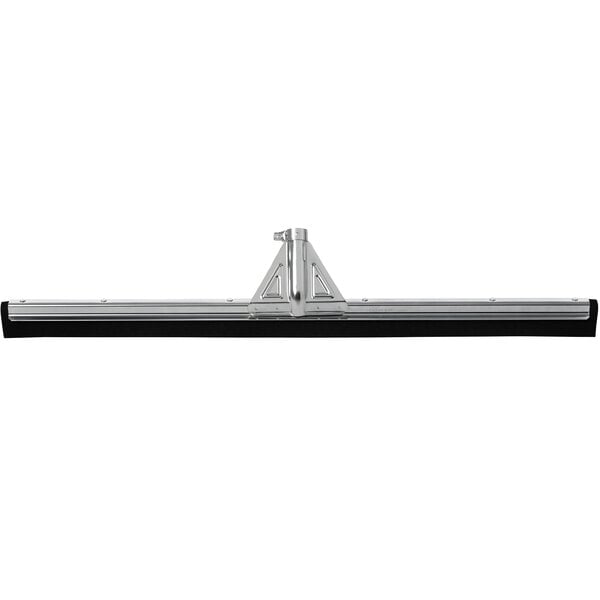 A black Rubbermaid floor squeegee with a silver metal frame.