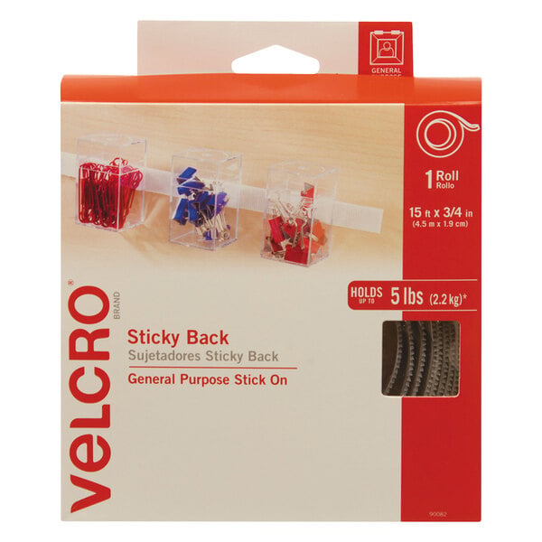 A box of Velcro sticky back tape with white packaging.