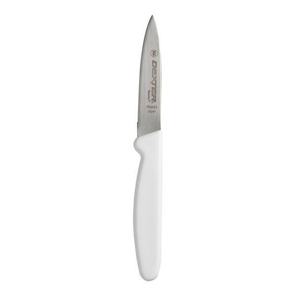 A small knife with a straight-edged, tapered blade and a white handle, shown against a plain background.