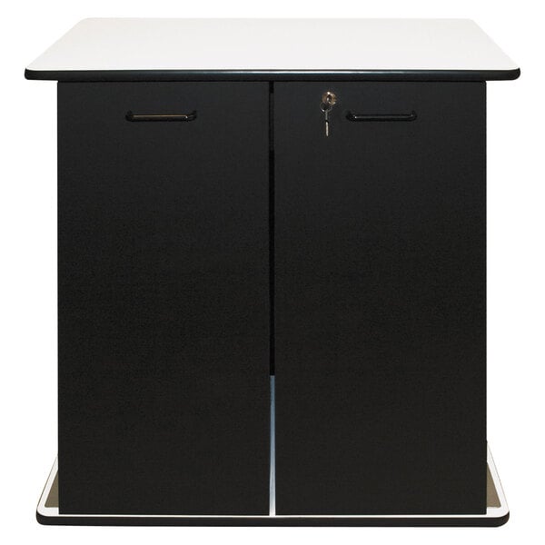 A black and white Vertiflex refreshment stand with two shelves and two doors.