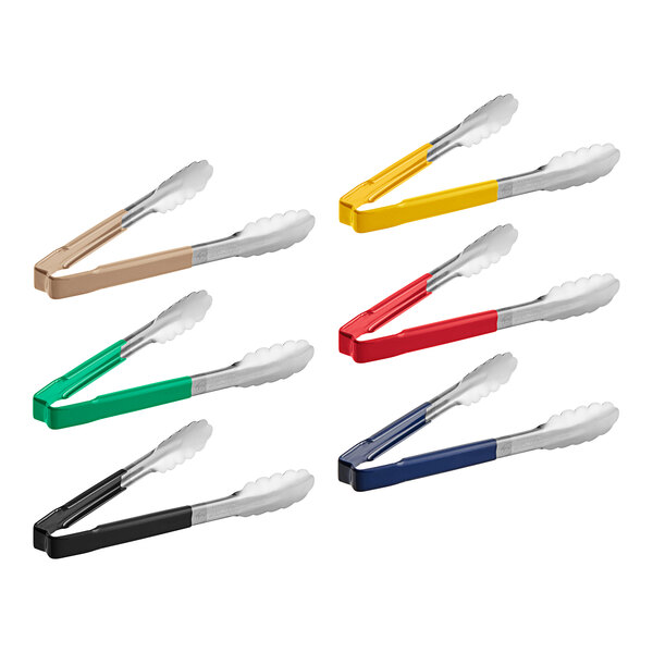 A group of Vollrath Jacob's Pride tongs with different colored Kool-Touch handles.
