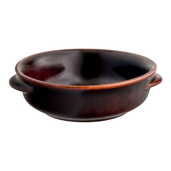 A dark brown porcelain onion soup crock with small side handles.