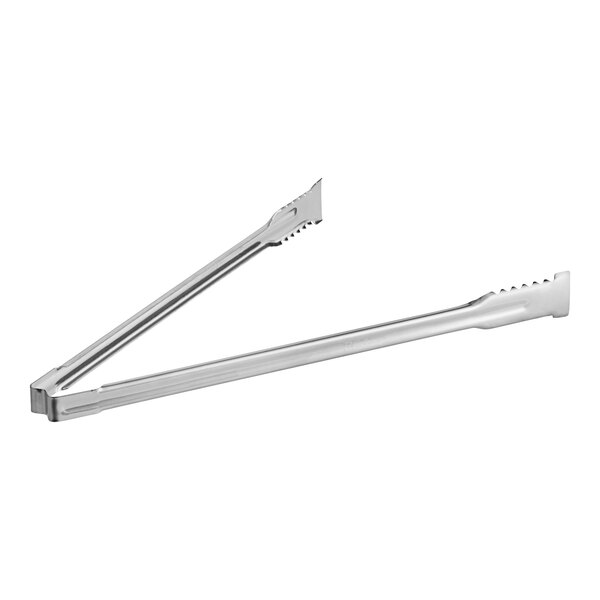 A pair of silver stainless steel Vollrath VersaGrip tongs.