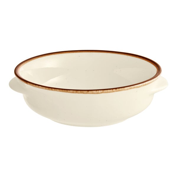 A round, cream-colored porcelain onion soup crock with a brown rim and small side handles.