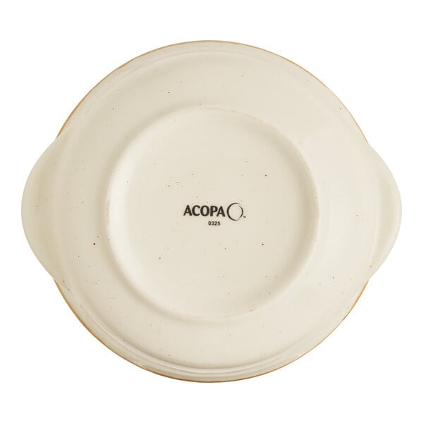 A round, cream-colored porcelain onion soup crock with handles, shown from the bottom with the Acopa brand mark.