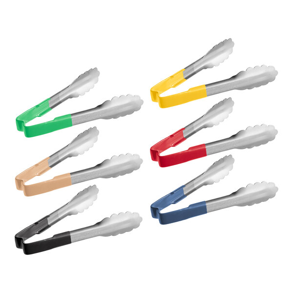 A close-up of a set of Vollrath Jacob's Pride tongs with different colored Kool-Touch handles.